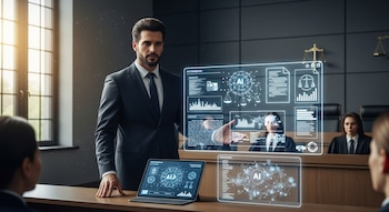 Un abogado en un traje oscuro presenta frente a una pantalla holográfica con datos de IA en una sala de justicia moderna. Hay una tableta en el escritorio y jueces al fondo.