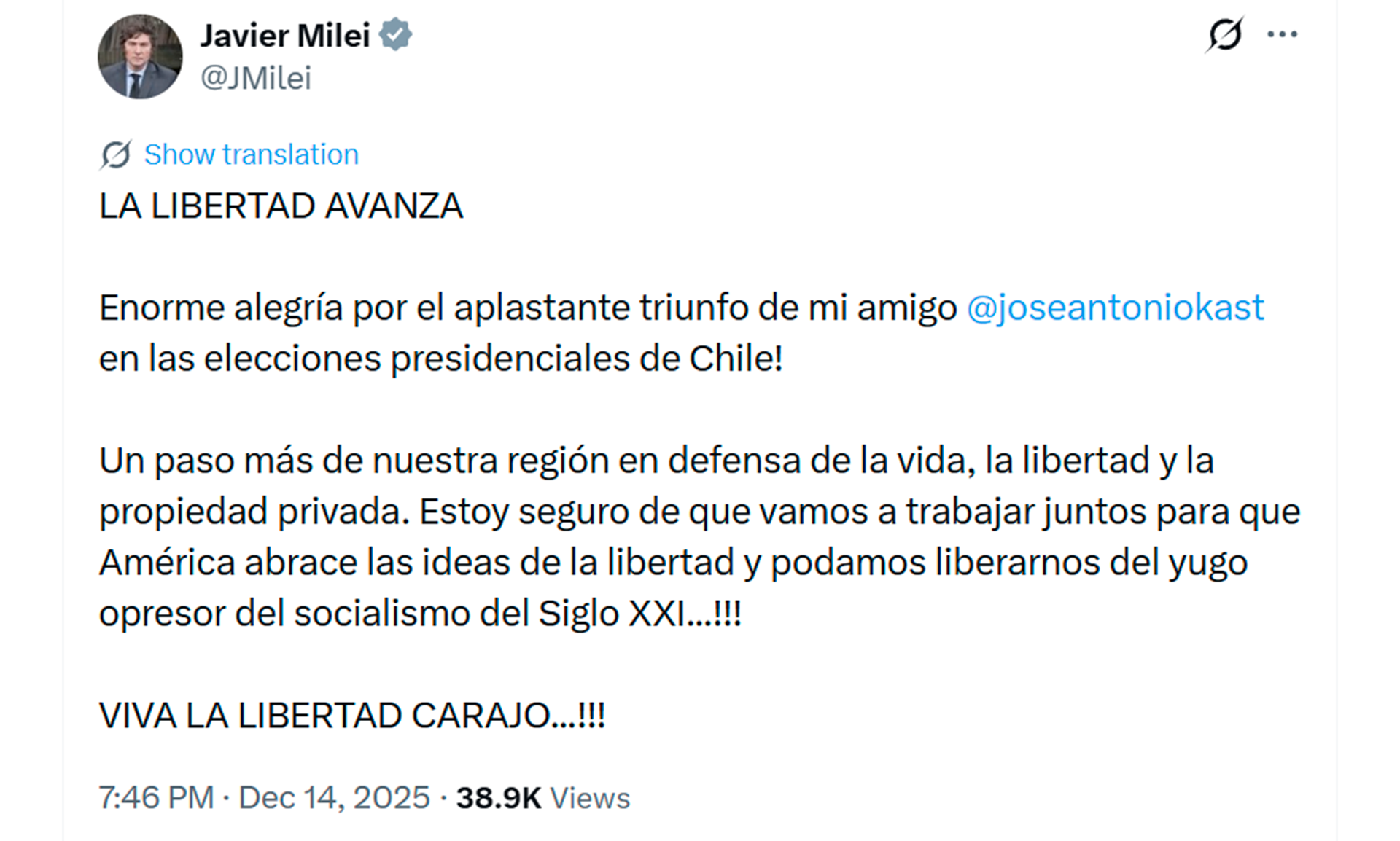 El mensaje del presidente Milei luego del balotaje en Chile