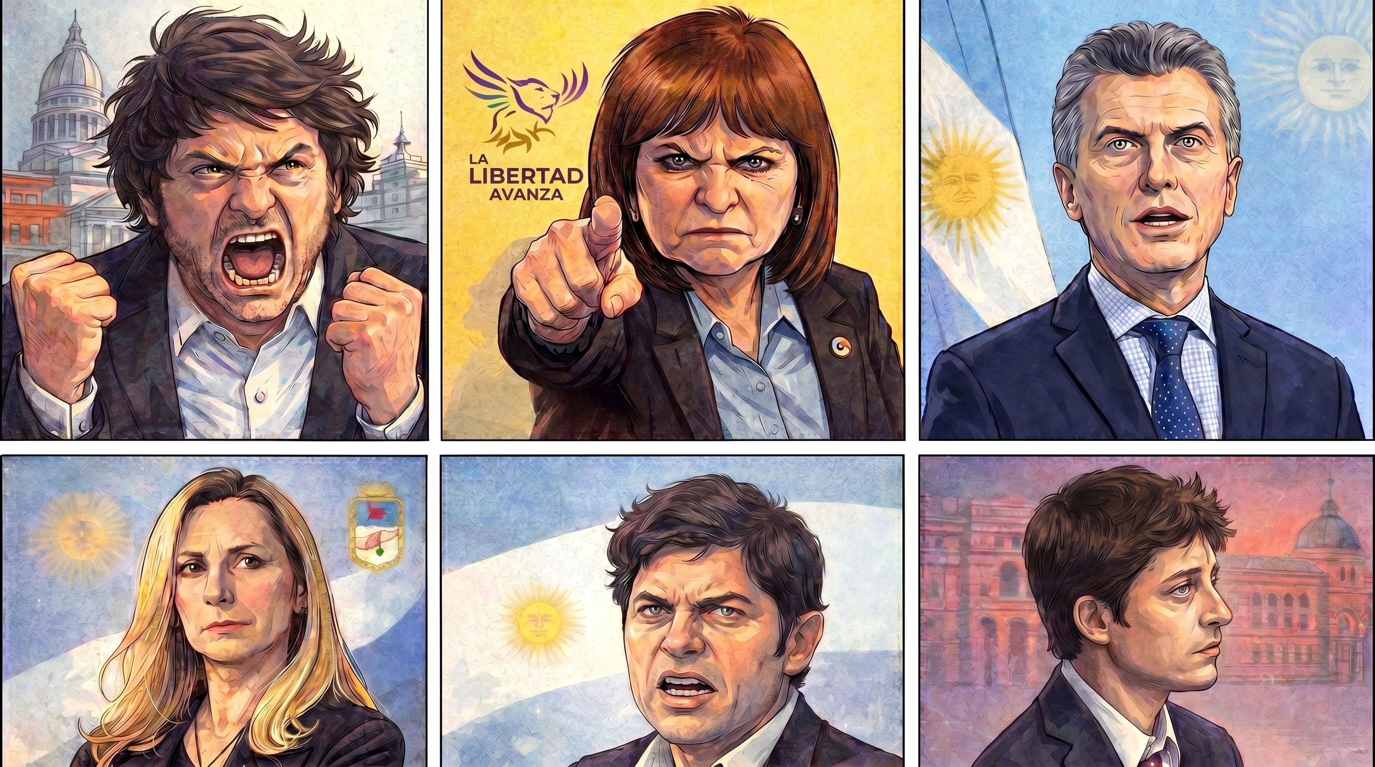 Javier Milei, Patricia Bullrich, Mauricio Macri, Karina Milei, Axel Kicillof y Santiago Caputo (Imagen Ilustrativa Infobae)