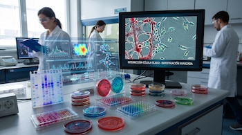 Laboratorio con dos científicos, pantallas de computadora, placas Petri de colores, geles de electroforesis y microplacas.