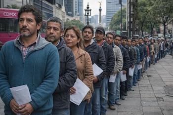 Larga fila de personas en una calle con edificios, un autobús rosa que dice CDMX y el monumento del Ángel de la Independencia. Las personas sostienen papeles.