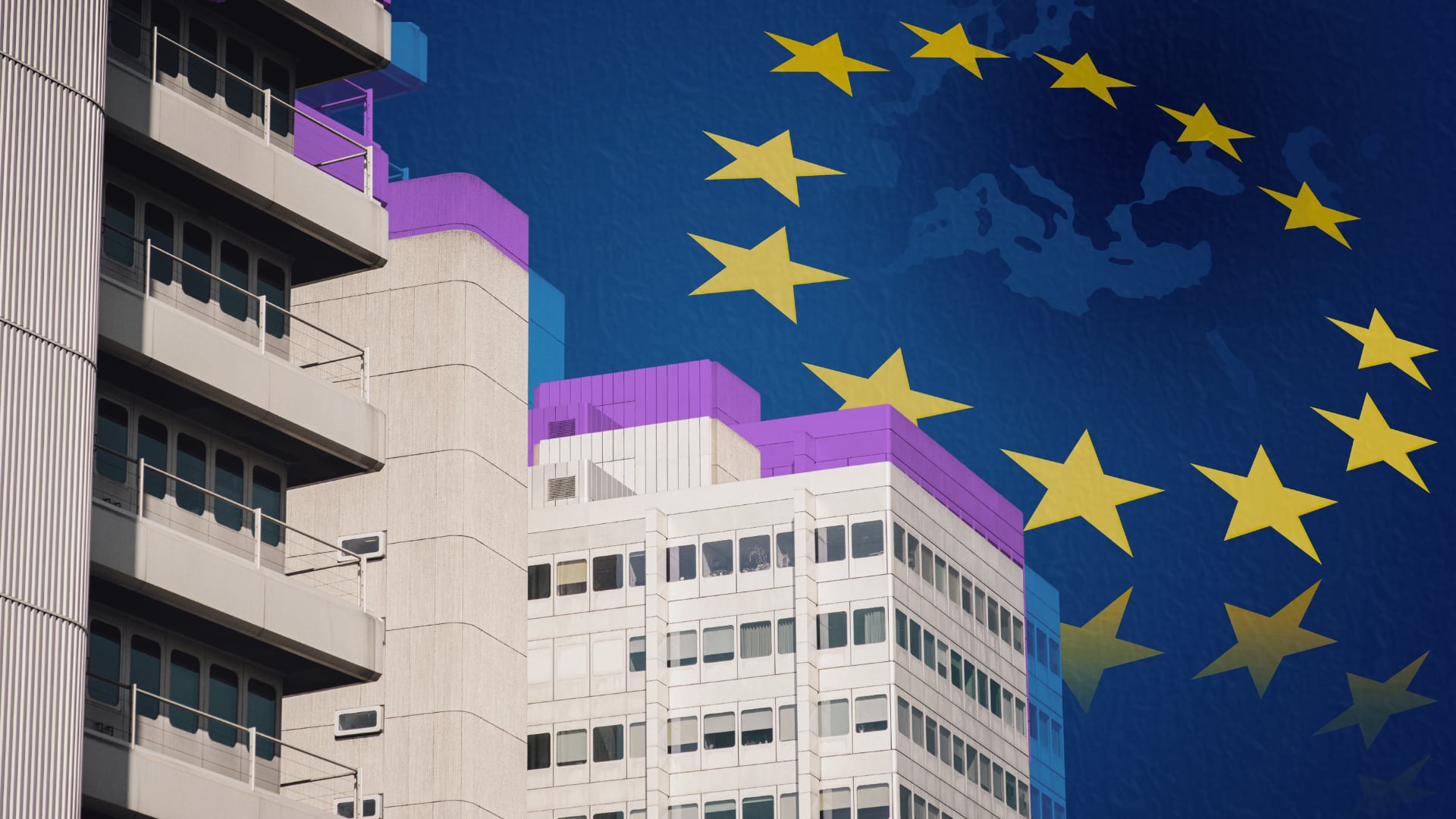 Composición fotográfica de un edificio con en fondo de la Unión Europea (Montaje Infobae)