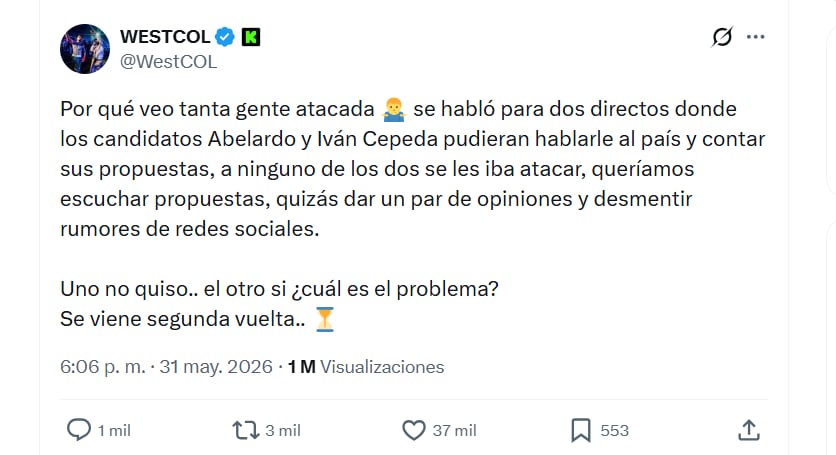El creador de contenido afirmó que está interesado en entrevistar a Iván Cepeda - crédito @WestCOL/X