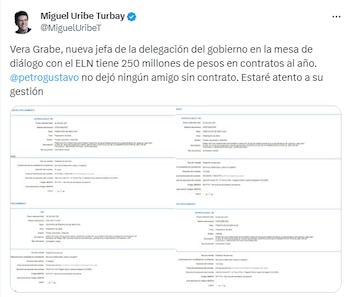 El senador Miguel Uribe expuso los contratos que ha tenido Vera Grabe con el Gobierno - crédito captura de pantalla.