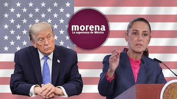 Donald Trump a la izquierda y Claudia Sheinbaum a la derecha, con un logo de Morena en un círculo central y banderas de Estados Unidos y México de fondo.