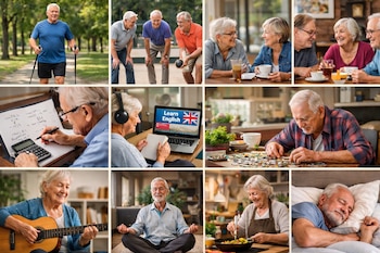 Un collage de nueve imágenes que muestran a personas mayores activas: Nordic walking, bocce, charlando, estudiando, aprendiendo inglés, rompecabezas, guitarra, meditando y cocinando