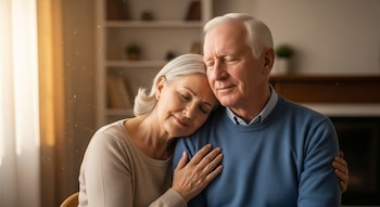 Una pareja de ancianos, él con camisa azul y ella con suéter beige, se abrazan tiernamente con los ojos cerrados en un salón iluminado por el sol matutino.