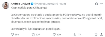 Publicación de Andrea Chávez en la red social X. Crédito: X - @AndreaChavezTre