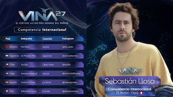 Fotografía de Sebastián Llosa junto a una tabla con los seis países, intérpretes y canciones de la competencia internacional de Viña del Mar