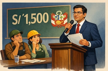 Ilustración de Roberto Sánchez en un podio con micrófono y papeles, frente a dos representantes de MYPES, con pizarra del salario S/1.500 y escudo peruano.