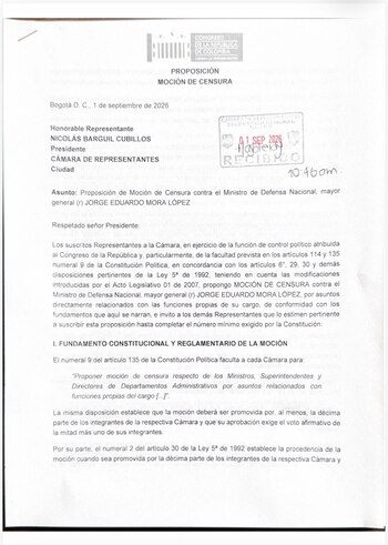 Proposición Moción de Censura contra ministro de Defensa en Colombia - crédito Suministrado