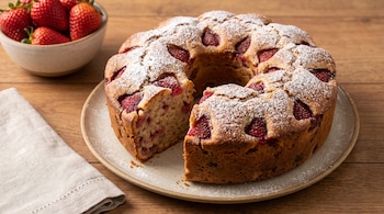 Budín circular con frutillas y azúcar impalpable cortado en una porción sobre un plato de cerámica junto a un cuenco con frutillas.