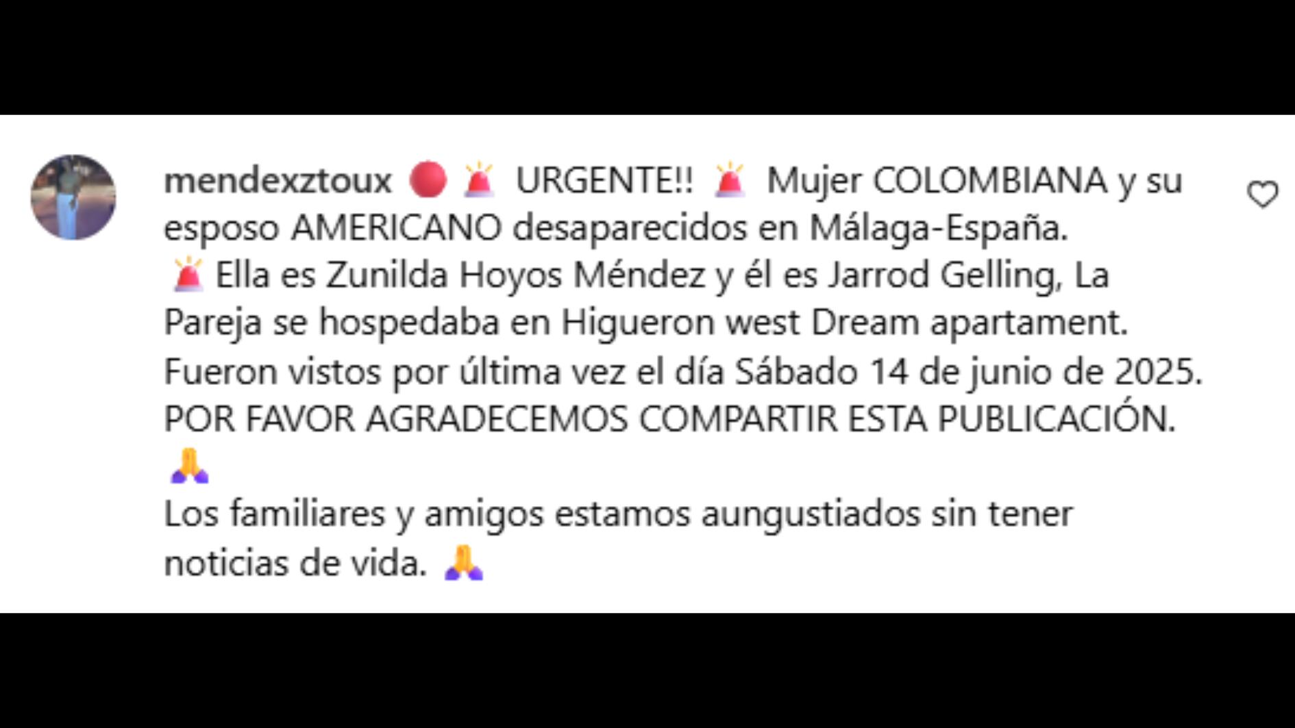 El mensaje que publicó la sobrina de la ciudadana colombiana - crédito Instagram