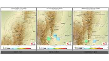 Tres mapas geográficos de Córdoba, Argentina, muestran el epicentro y la percepción de un sismo, con una leyenda de intensidad y ciudades