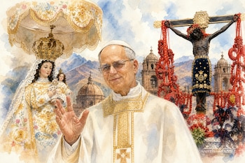 Acuarela de un papa en el centro, flanqueado por una estatua vistosa de la Virgen María con el Niño y una figura de Cristo crucificado.