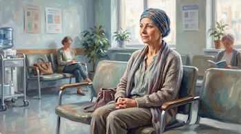 Pintura de una mujer con turbante azul sentada en una sala de espera hospitalaria con otras personas sentadas al fondo.
