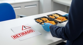 Persona con guantes azules sostiene dos bandejas de comida preparada. Sobre la mesa, un documento con el sello 'RETIRADO' y un símbolo de alerta.