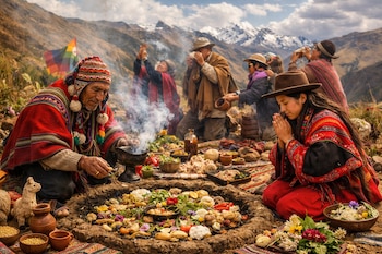 Un anciano y una mujer vestidos con ropa tradicional realizan un ritual con ofrendas de alimentos y humo, rodeados por varias personas en un paisaje de montañas nevadas y nubes.