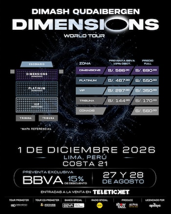 Afiche promocional con la tabla de precios, zonas del escenario y fechas del concierto de Dimash Qudaibergen en Lima