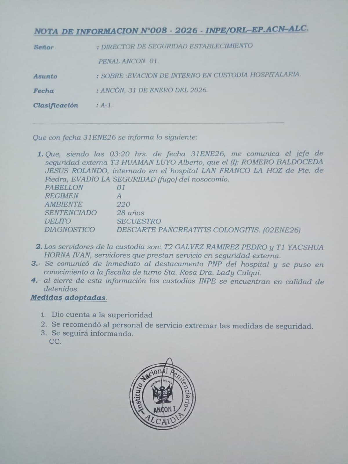 Interno de penal Ancón I se fuga de hospital en Puente Piedra bajo custodia del INPE. (Foto: X/@PolloFarsantePe)