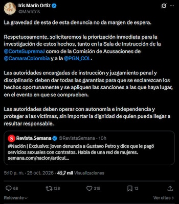 La defensora del Pueblo anunció que pedirá celeridad en las actuaciones relacionadas con los señalamientos contra el expresidente Gustavo Petro - crédito @MarnIris/X