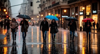 Seis peatones caminan por una calle mojada de Buenos Aires bajo la lluvia. Tres llevan paraguas (negro, azul, rojo). El pavimento oscuro refleja luces.