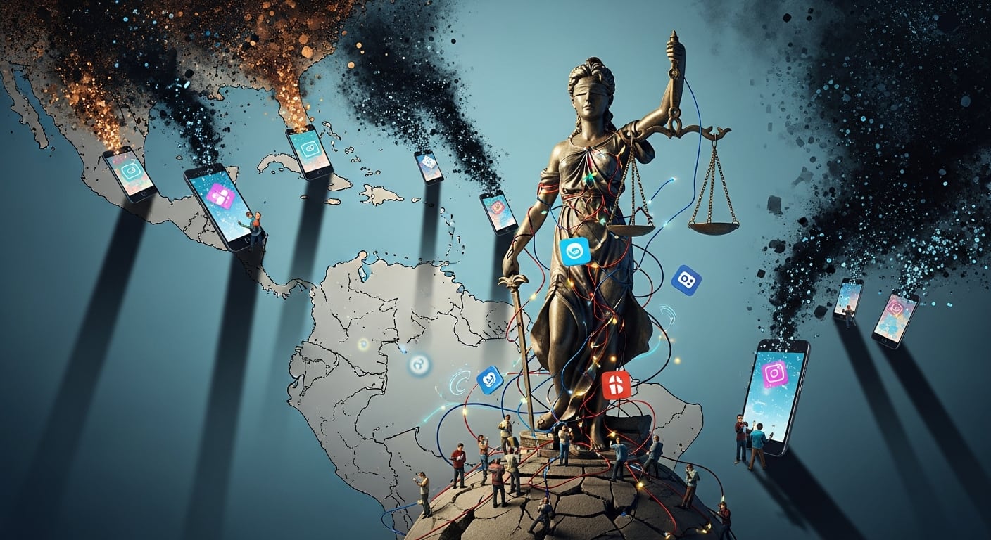 La creciente circulación de información falsa en plataformas digitales afecta la confianza en las instituciones de Centroamérica y República Dominicana, según un estudio que vincula este fenómeno con debilidades institucionales y polarización social (Ilustración Infobae)
