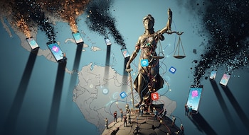 Lady Justicia en un mapa de Centroamérica y el Caribe. El suelo agrietado, teléfonos emiten humo oscuro. Cables la enredan y pequeñas figuras humanas están presentes.