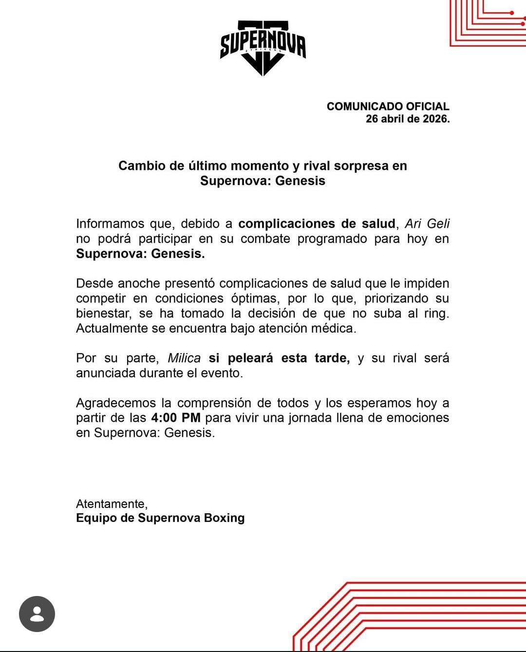 A través de un comunicado, las autoridades del evento confirmaron que Ari Geli no se subirá al ring para pelear contra Milica (Instagram | Supernova )