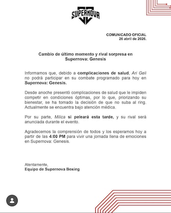 A través de un comunicado, las autoridades del evento confirmaron que Ari Geli no se subirá al ring para pelear contra Milica (Instagram | Supernova )
