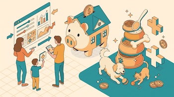 Una familia analiza gráficos digitales junto a una alcancía con forma de casa, un perro, un gato, tazones de comida y cruces médicas.