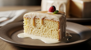 Porción de pastel tres leches con glaseado que gotea, decorado con una frambuesa, una mora y una hoja de menta, sobre un plato rústico.
