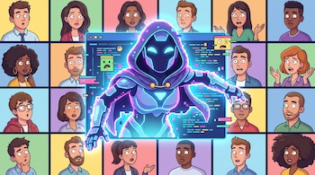 Ilustración de una figura robótica luminosa con capucha en el centro de una cuadrícula con recuadros de rostros de personas.