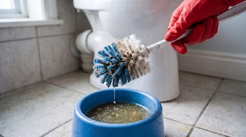 Una mano con un guante rojo sostiene un cepillo de cerdas azules y blancas sobre un recipiente azul con agua turbia.