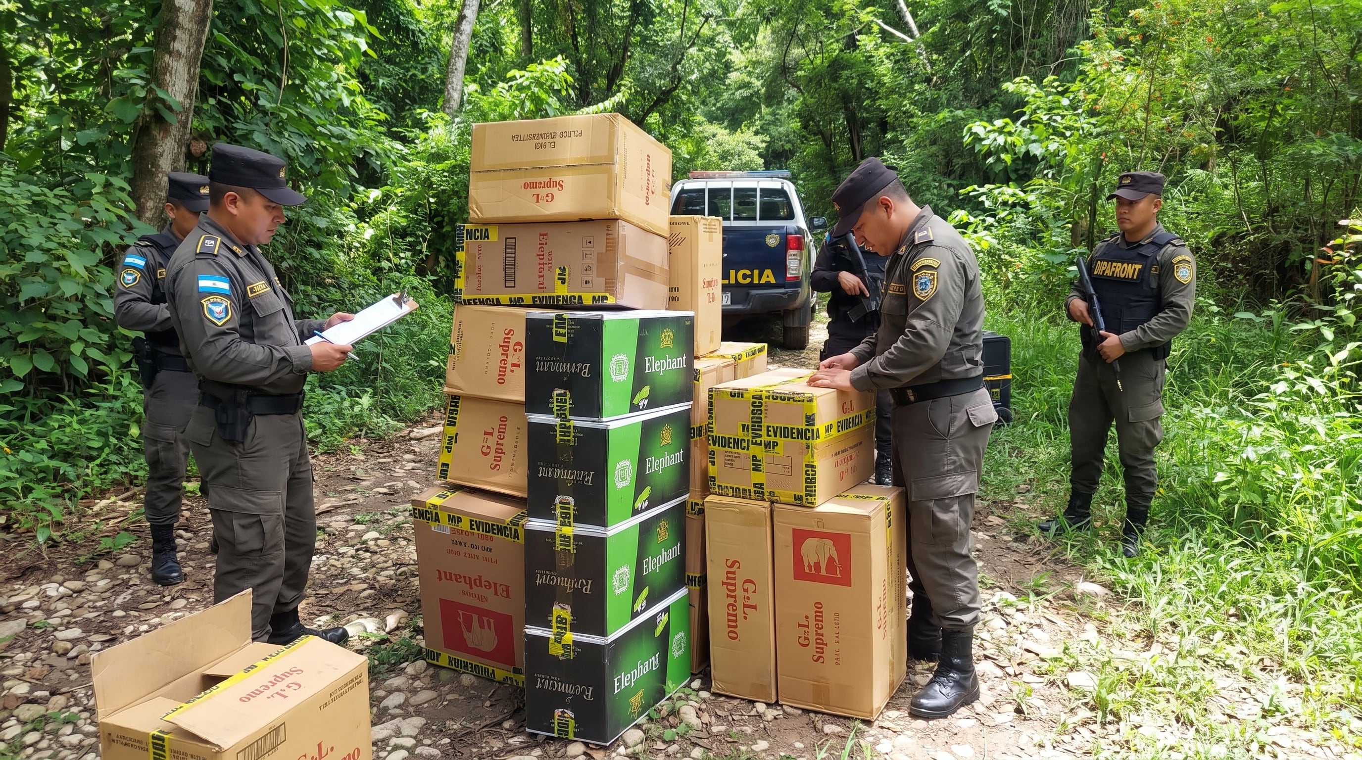 Oficiales de la DIPAFRONT inspeccionan cajas de 180 mil cigarrillos de contrabando incautados en una zona boscosa, con un vehículo policial detrás. (Imagen Ilustrativa Infobae)