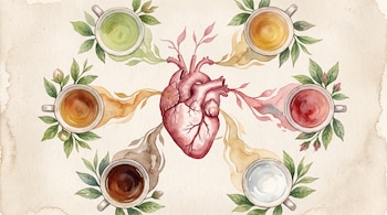 Ilustración en acuarela de un corazón humano rodeado por seis tazas de té de diversos colores, ramas con hojas verdes y fondo beige.