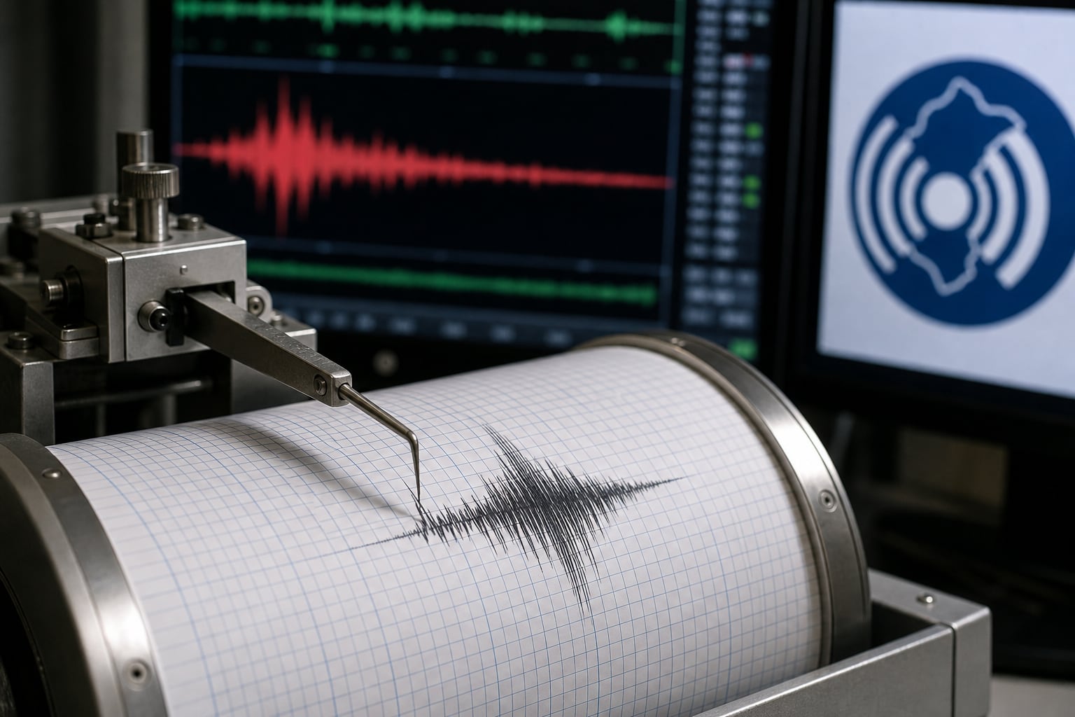 Un sismógrafo del Instituto Geofísico del Perú registra un trazado sobre papel cuadriculado junto a monitores digitales con ondas sísmicas. (Imagen Ilustrativa Infobae)
