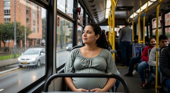 Mujer embarazada de perfil mirando por la ventana de un autobús en Bogotá; gotas de lluvia cubren el cristal, y otros pasajeros son visibles al fondo.