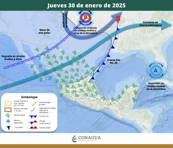 Mapa de los sistemas meteorológicos que influirán en el clima de México este jueves 30 de enero de 2025