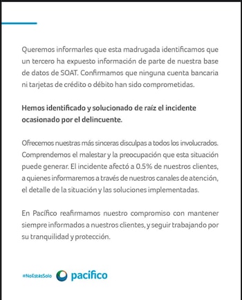 El comunicado de Pacífico Seguros.