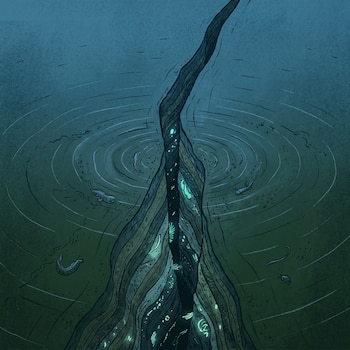 Ilustración de una grieta vertical en el fondo marino, mostrando capas de roca y ondas concéntricas. Predominan los tonos azul oscuro y verde profundo.