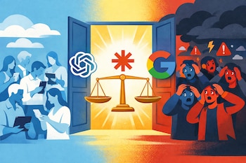 Ilustración con multitudes de personas en tonos celestes y rojos, una ventana, una balanza, y logos de OpenAI, Anthropic, Google.