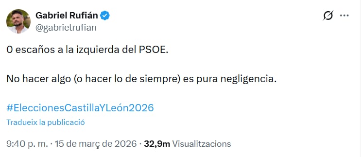 El candidato de ERC publica en X tras el debacle electoral de las izquierdas en Castilla y león. / Captura de pantalla