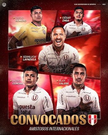Gianluca Lapadula, Alex Valera, Jairo Concha, César Inga y Diego Romero fueron los jugadores de Universitario convocados a los amistosos de Perú en octubre y noviembre. - créditos: Universitario