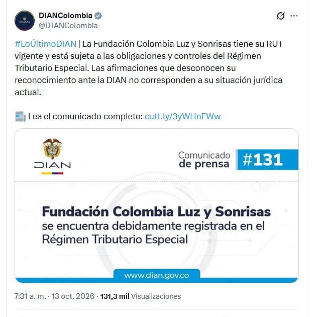 El comunicado por parte de la Dian se emitió el martes 13 de octubre de 2026 - crédito @DIANColombia/X