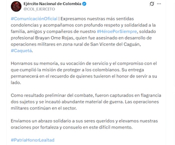 Comunicado oficial del Ejército Nacional por la muerte del soldado - crédito @COL_EJERCITO / X