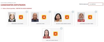 Captura de pantalla de una página web con el título "Candidatos Diputados Elecciones Generales 2026", mostrando fotos de cinco candidatos y el logo de un sol