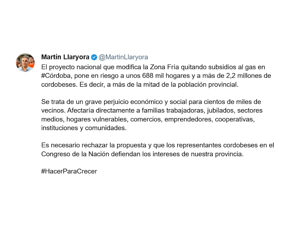 Córdoba se planta ante la reforma de Zonas Frías: Llaryora cuestionó el recorte y pidió segmentar subsidios por ingresos