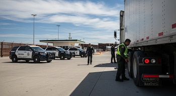 Vista de un operativo de seguridad fronteriza diurno, con agentes inspeccionando un camión de carga y varias patrullas estacionadas en un cruce.