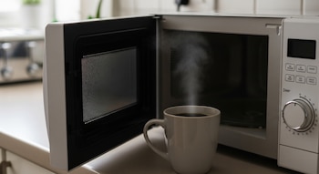 Una taza de café negro con vapor al lado de un microondas blanco y plateado con la puerta abierta sobre una encimera de cocina.